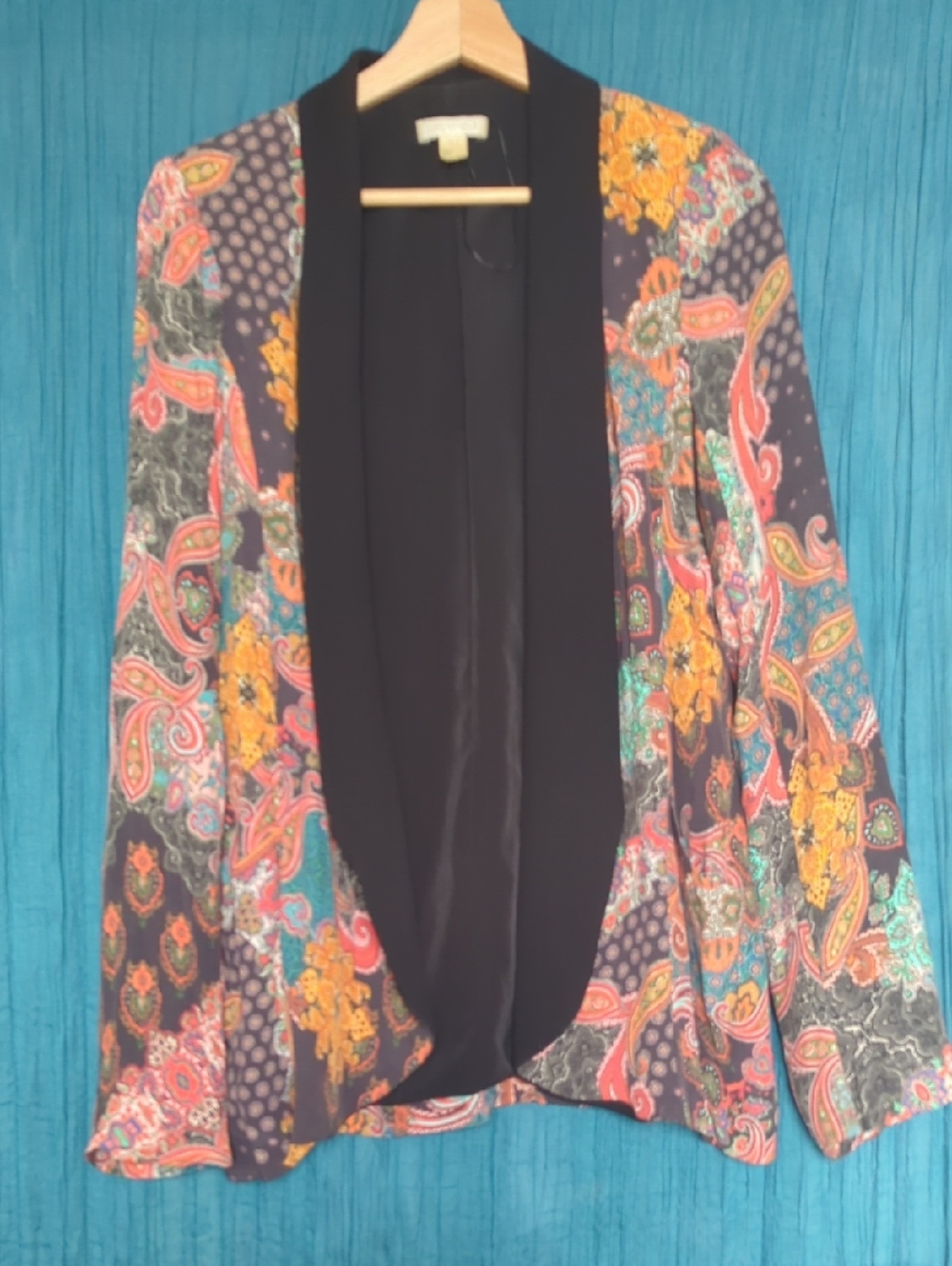 Promod Multicolor Paisley Open-Front Blazer with Black Shawl Collar, Size 4